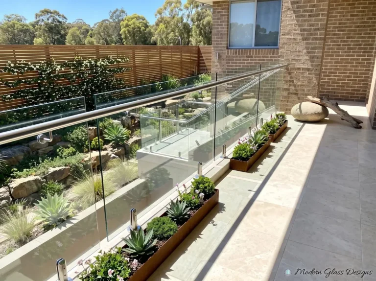 Terrace glass railing on round spigots with a round metal handrail overlooking a garden