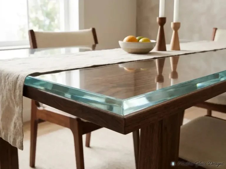 Thick glass table top with polished edge on a wood table