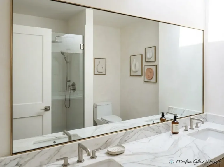 Large mirror with a thin gold-tone frame above a double vanity