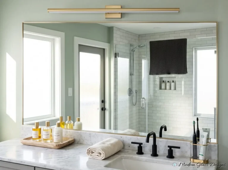 Vanity mirror with a thin gold-tone frame in a sage green bathroom