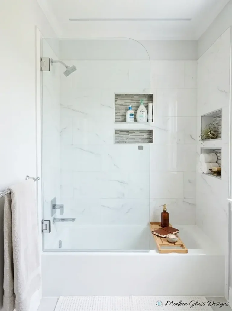 Hinged glass tub screen with a rounded corner