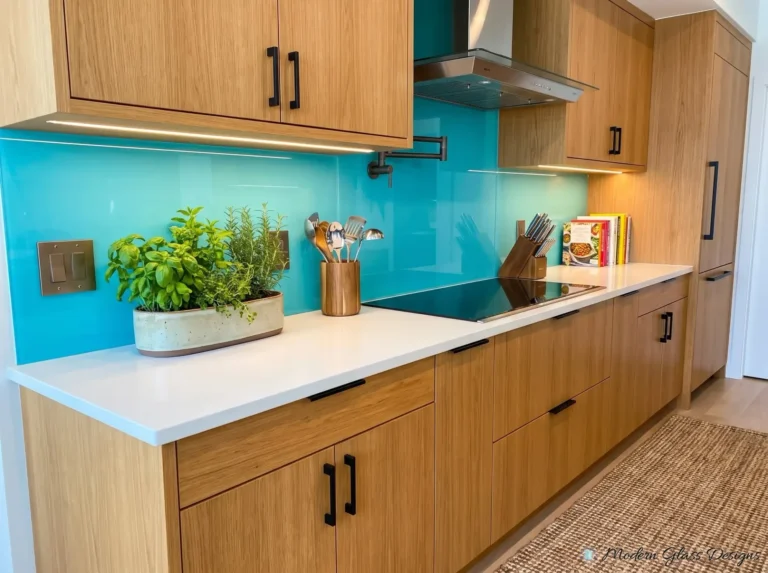 Turquoise back-painted glass backsplash with oak cabinets, a cooktop and a stainless range hood