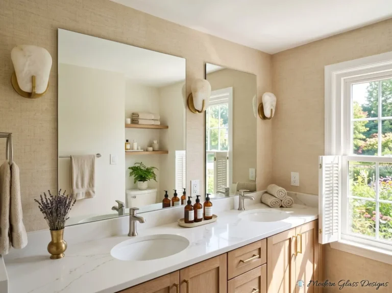 Two frameless mirrors above a double vanity