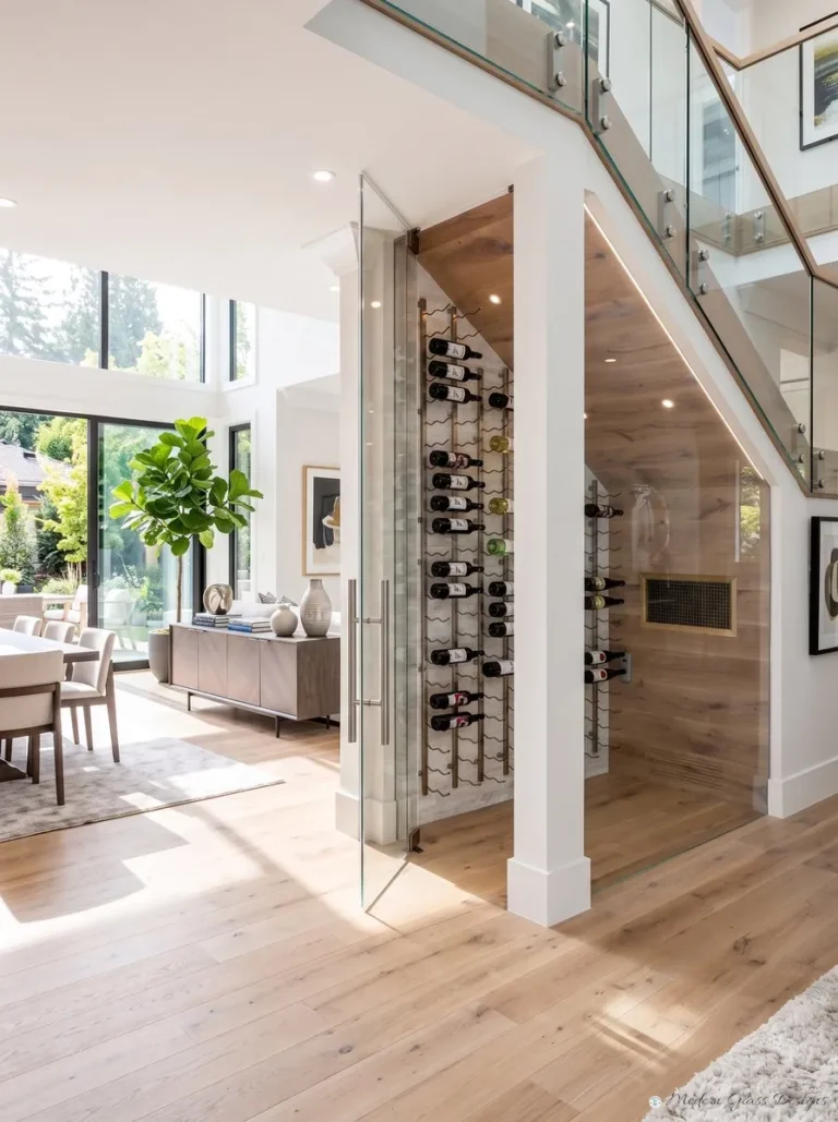 Glass wine cellar door under a staircase with a long pull