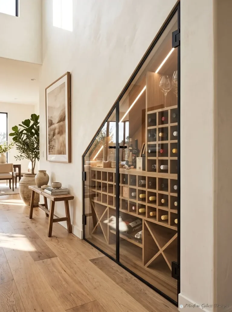 Raked glass wine cellar front under a staircase