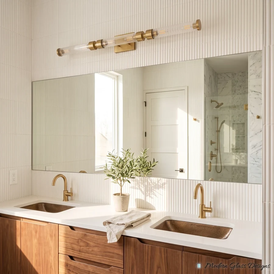 Wide frameless vanity mirror above a double-sink walnut vanity with brass faucets and a brass light fixture