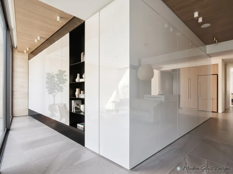 White back-painted glass wall panels with open black shelving in a home
