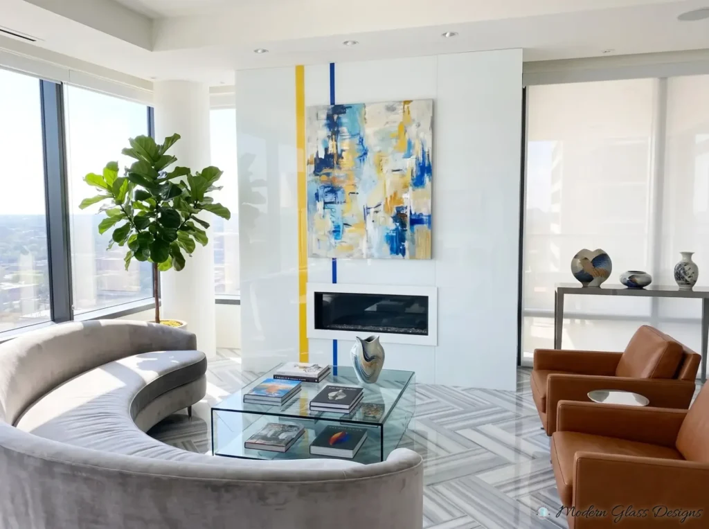 White back-painted glass fireplace wall with yellow and blue stripes in a living room