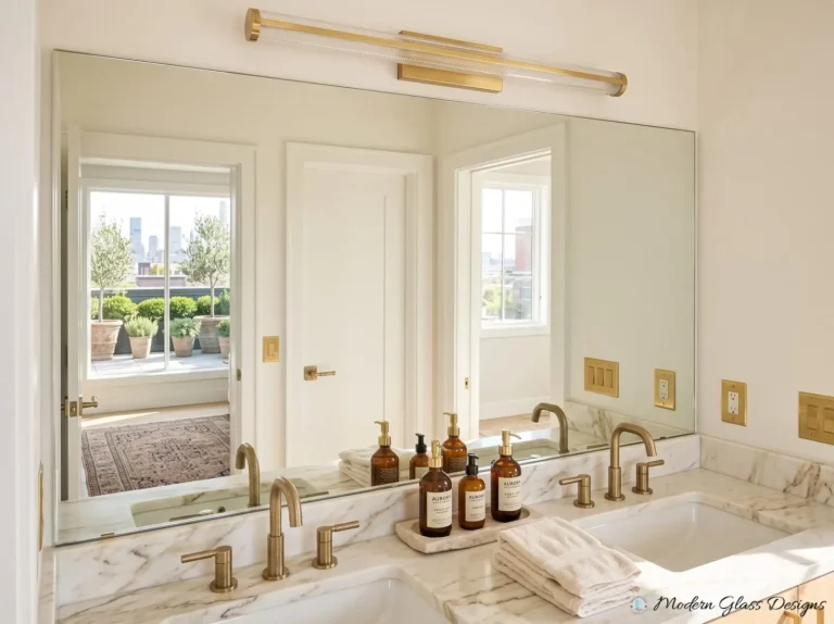 Wide frameless mirror above a double vanity with brass faucets