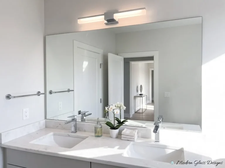 Wide frameless mirror above a white double vanity