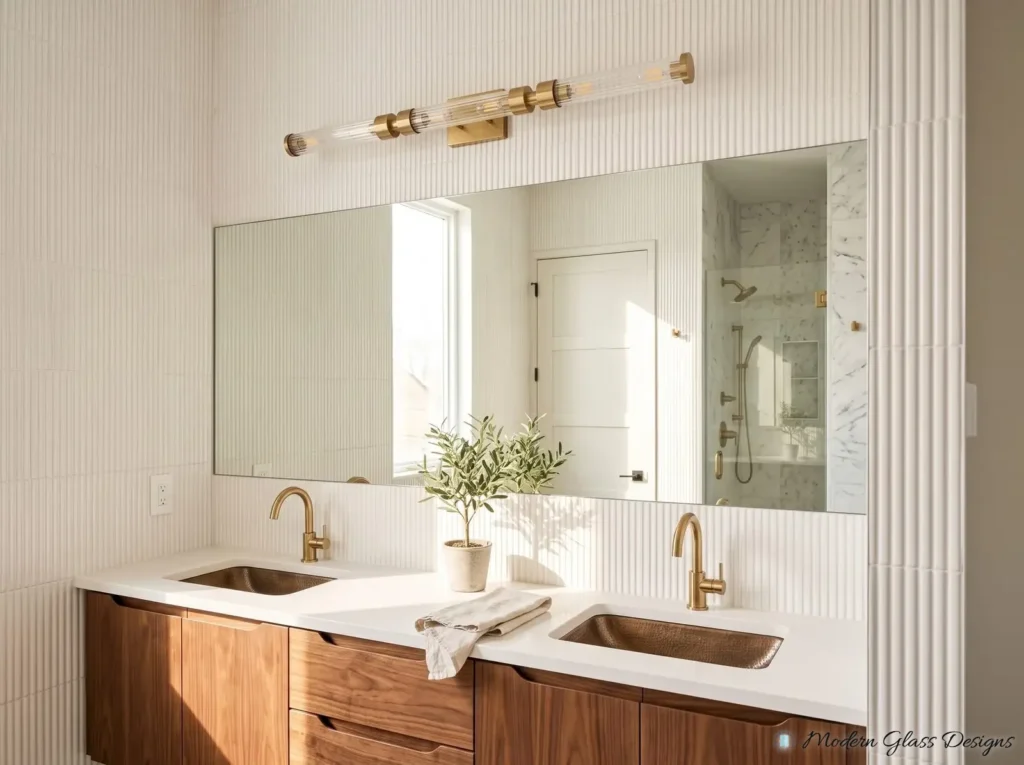 Wide frameless mirror above a wood double vanity with a brass light bar