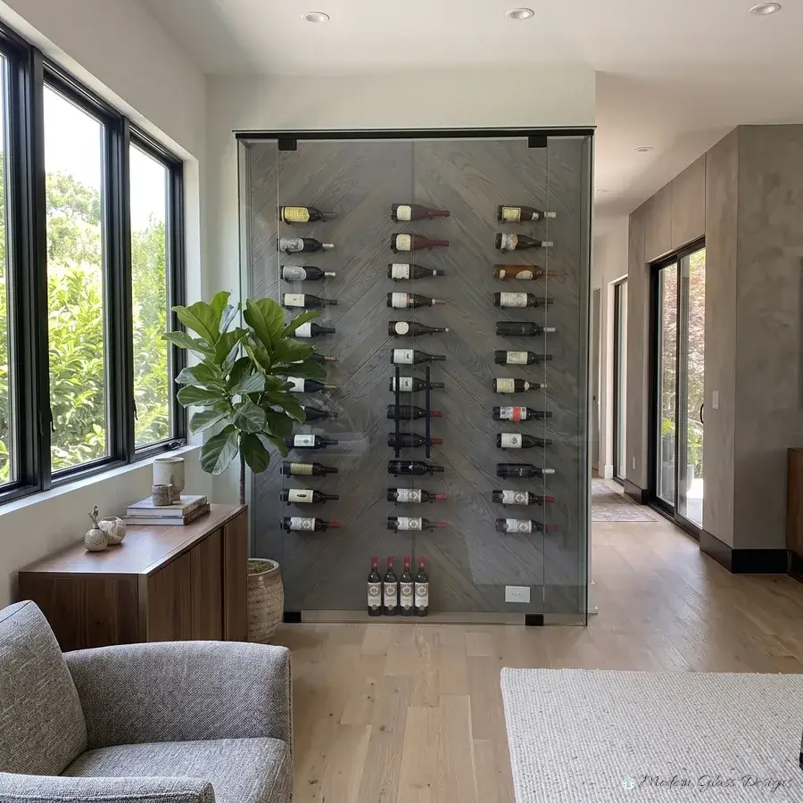 Frameless glass wine wall enclosure with black clamps in a living room