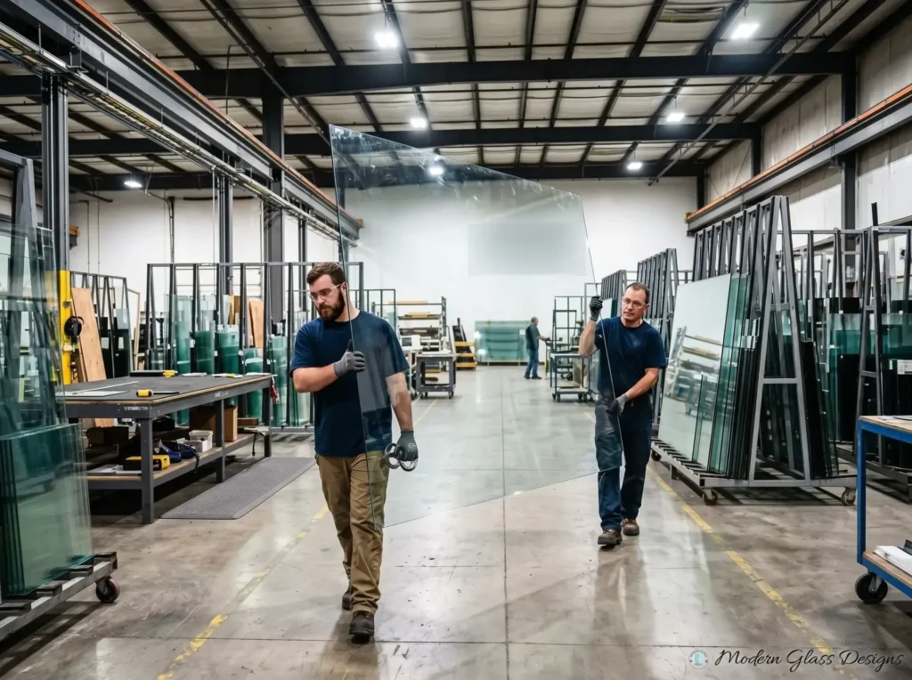 Two workers carrying a large glass panel past glass storage racks