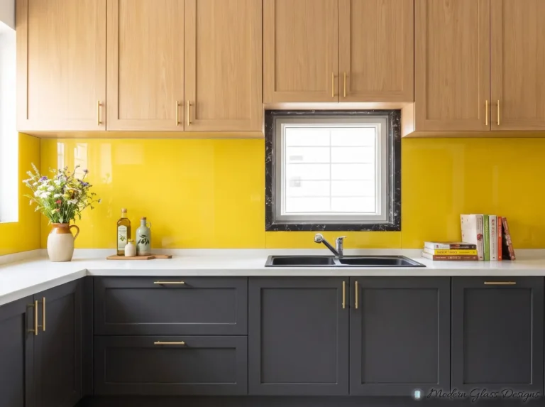 Yellow back-painted glass backsplash cut around a kitchen window above a black sink