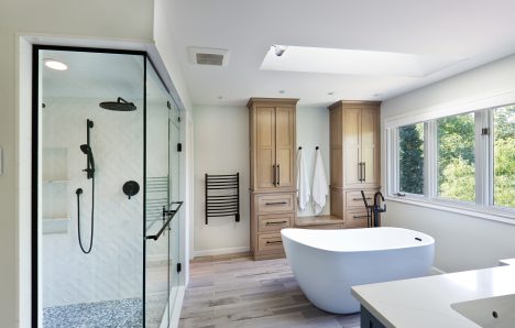 Contemporary Bathroom Design with Freestanding Bathtub and Shower Stall